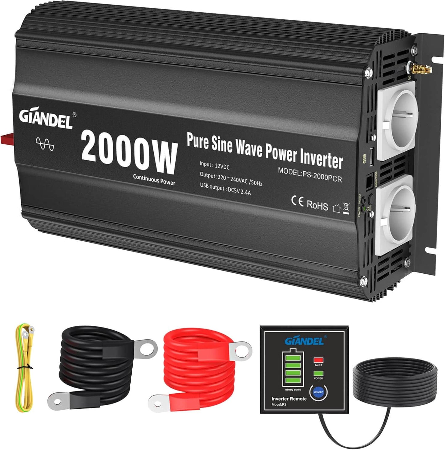 2000W Reiner Sinus Wechselrichter Spannungswandler 12V auf 230V 240V