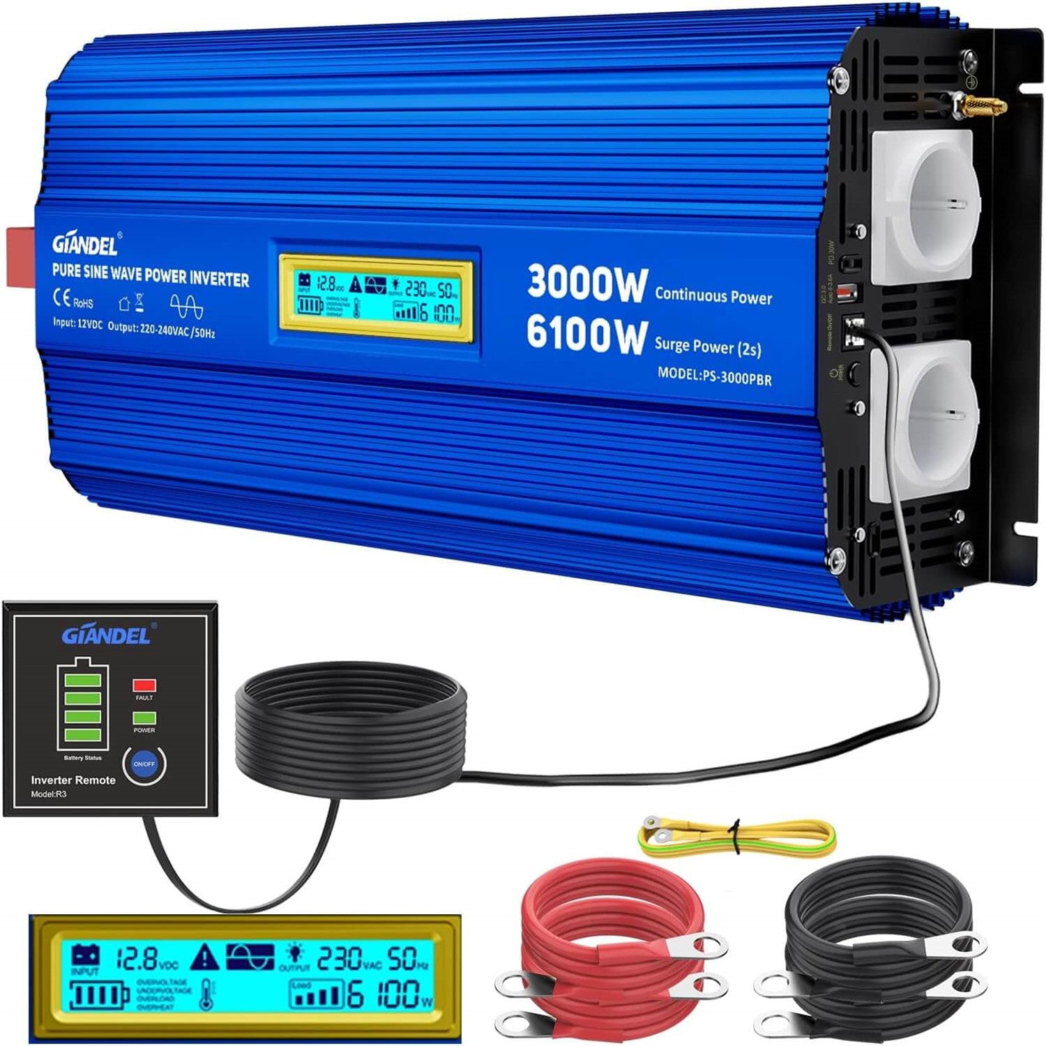 3000W Reiner Sinus Wechselrichter 12V auf 230V Spitzenleistung 6100W