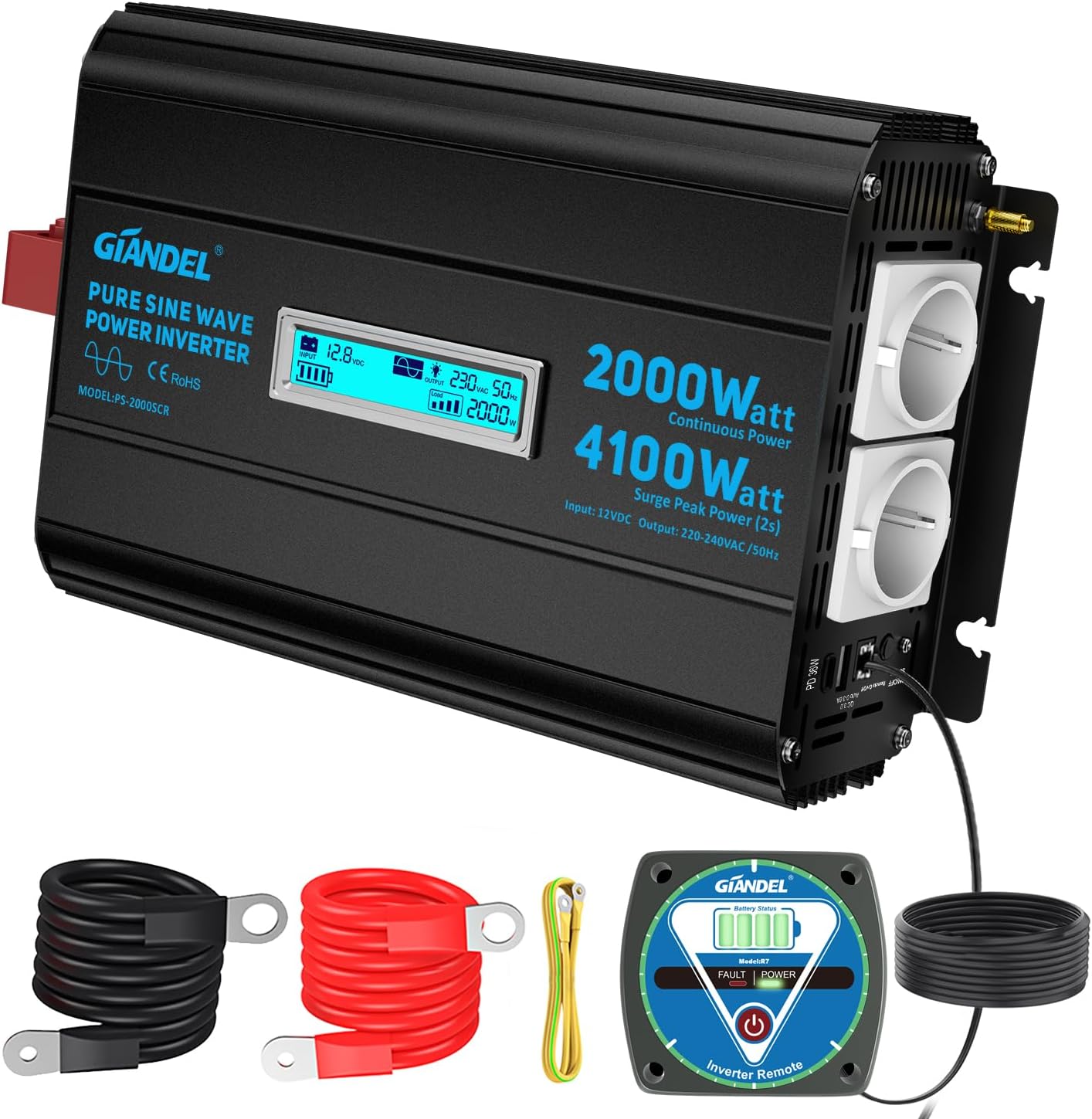 2000W Reiner Sinus Wechselrichter 12V auf 230V Spitzenleistung 4100W